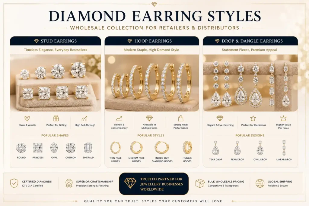 Diamond stud hoop and drop earrings wholesale guide for retailers and distributors