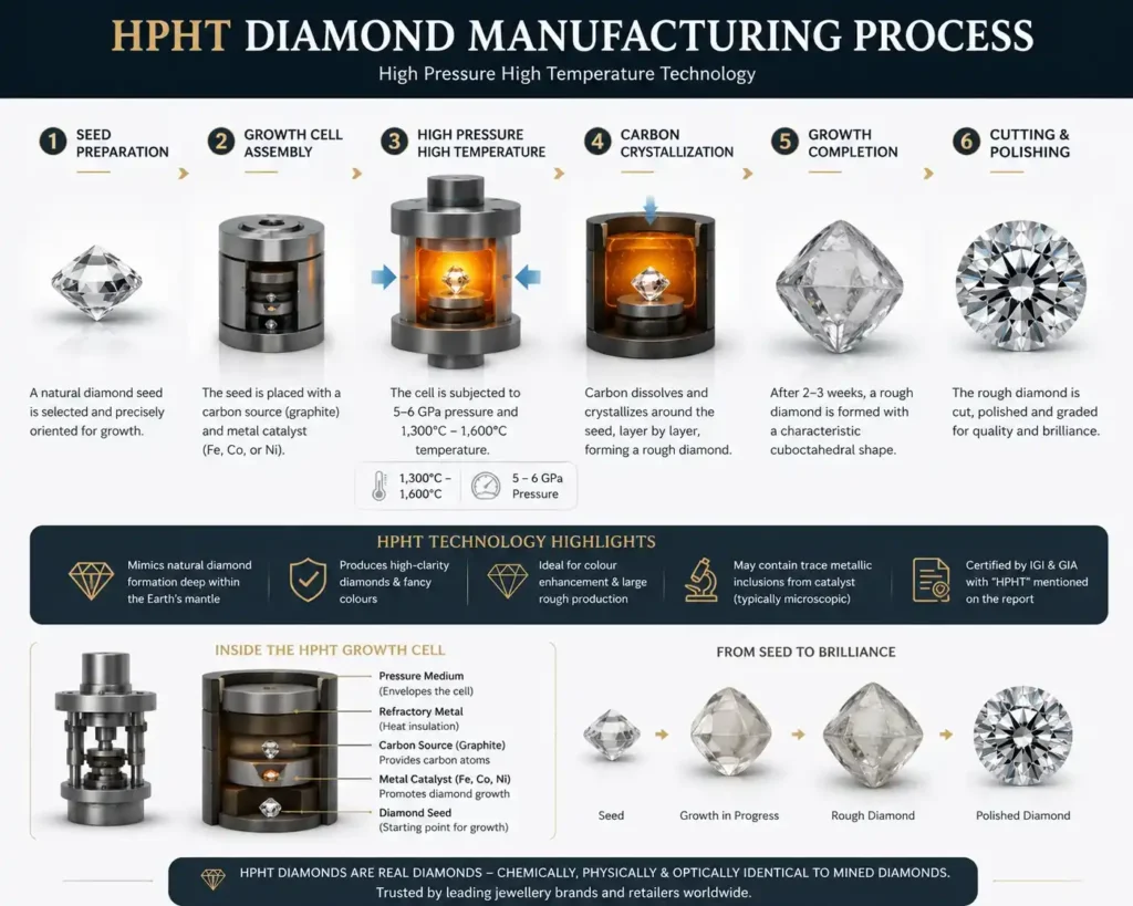 HPHT diamond manufacturing process showing high pressure and high temperature diamond growth