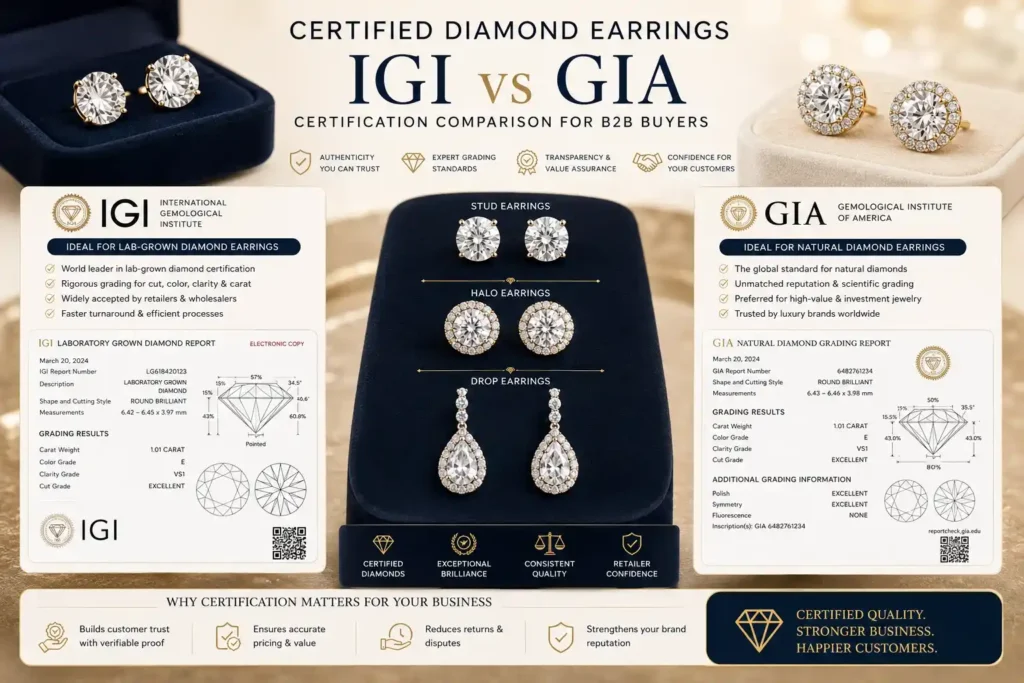 IGI and GIA certified diamond earrings with grading reports for wholesale buyers