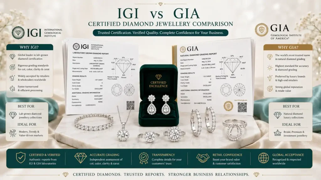 IGI and GIA certified diamond jewellery with grading reports for wholesale buyers