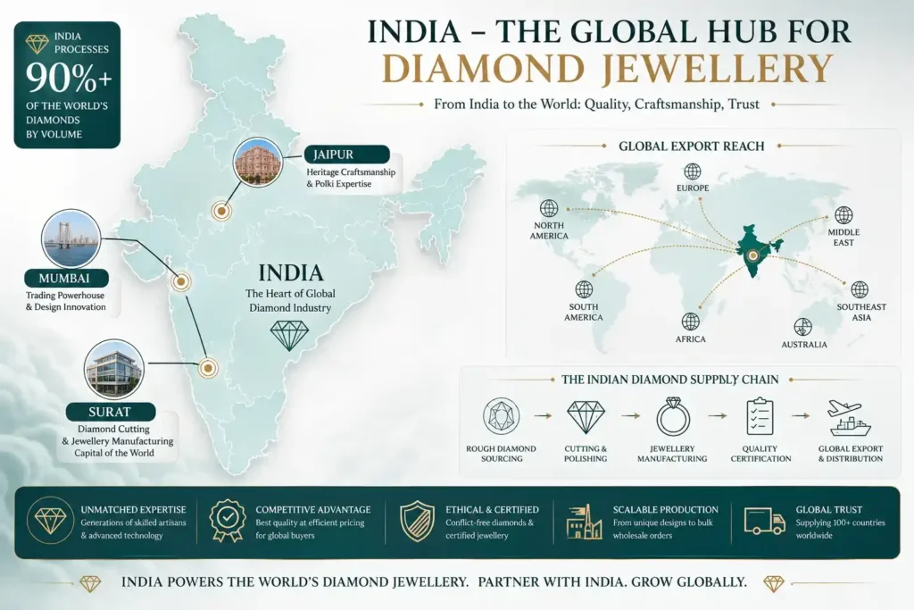 India diamond manufacturing hubs Surat Mumbai Jaipur and global wholesale jewelry export map